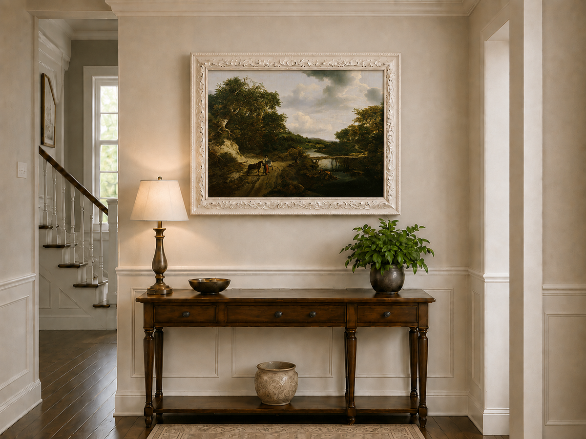 Landscape Oil Painting - River with Bridge, Figures & Horses