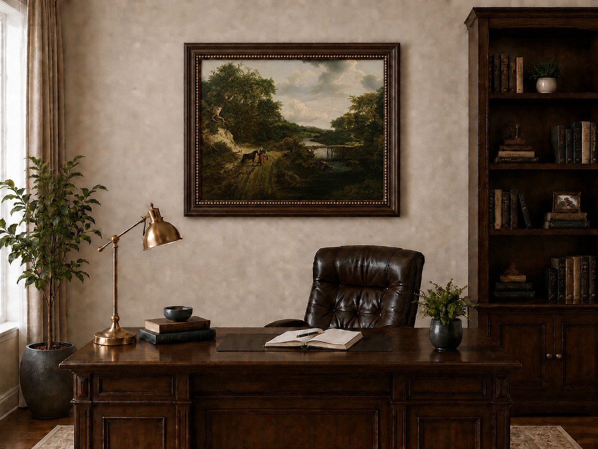 Landscape Oil Painting - River with Bridge, Figures & Horses