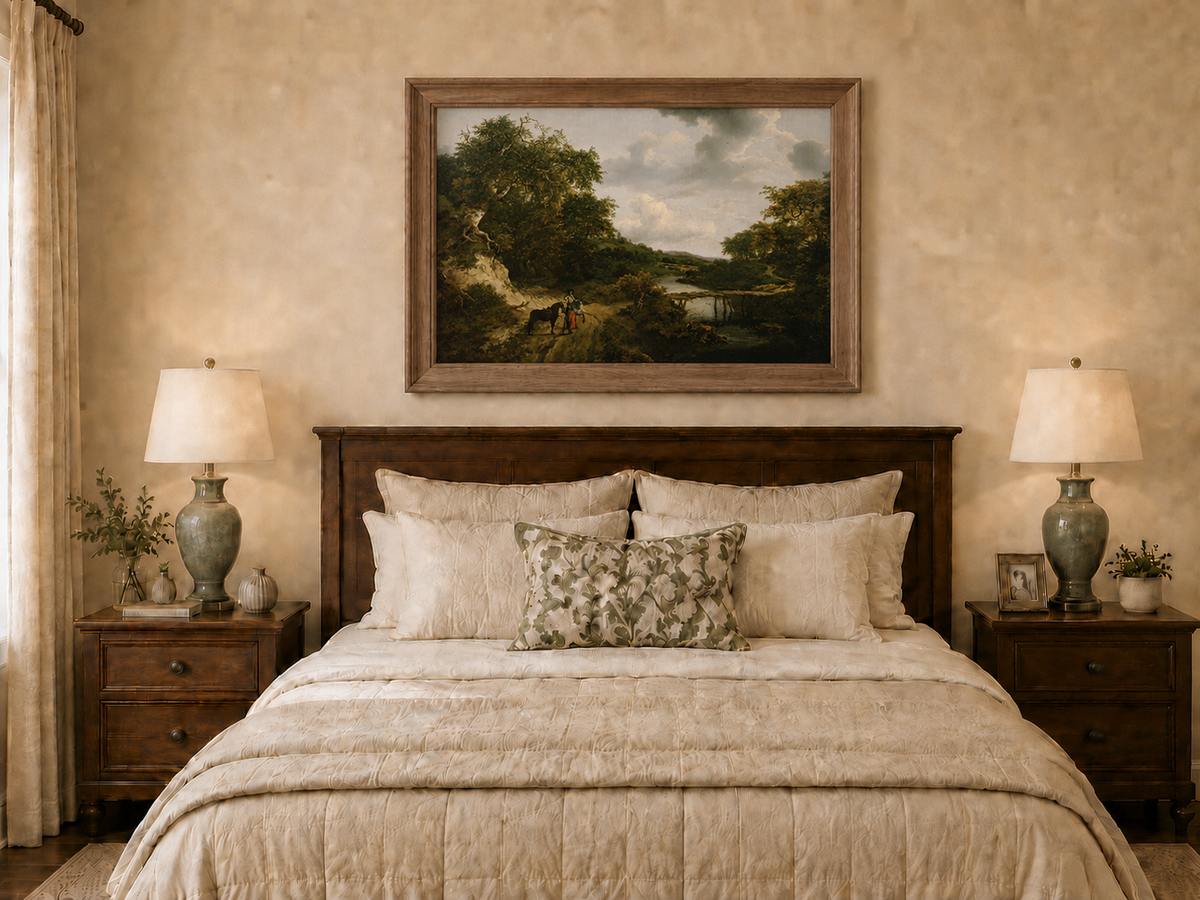 Landscape Oil Painting - River with Bridge, Figures & Horses