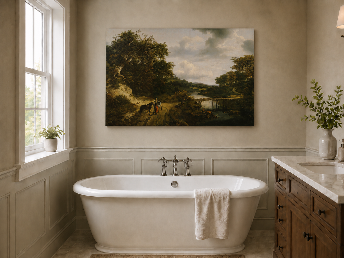 Landscape Oil Painting - River with Bridge, Figures & Horses
