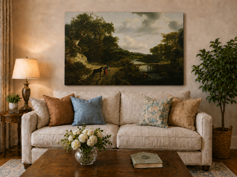 Landscape Oil Painting - River with Bridge, Figures & Horses
