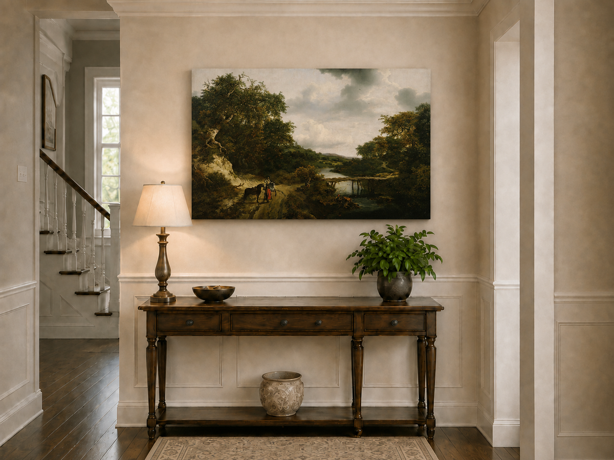Landscape Oil Painting - River with Bridge, Figures & Horses
