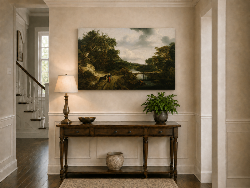 Landscape Oil Painting - River with Bridge, Figures & Horses