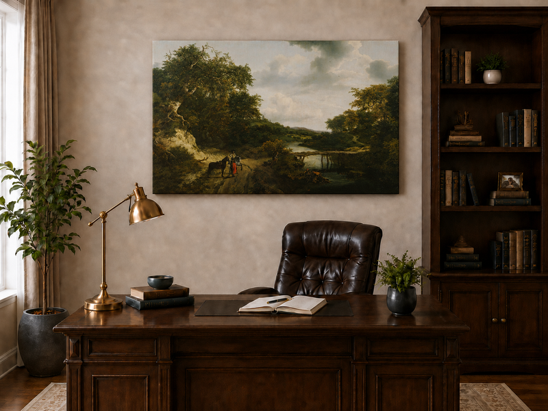 Landscape Oil Painting - River with Bridge, Figures & Horses