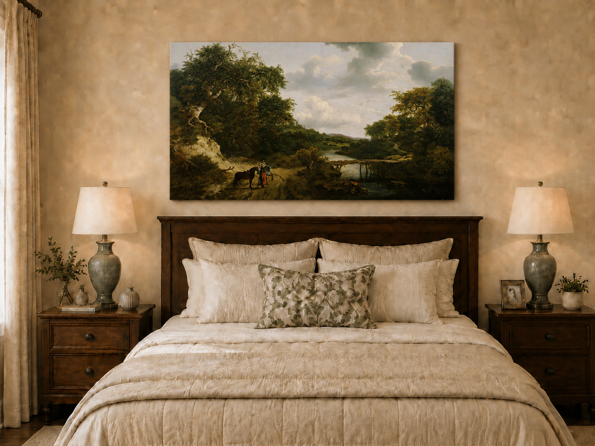 Landscape Oil Painting - River with Bridge, Figures & Horses