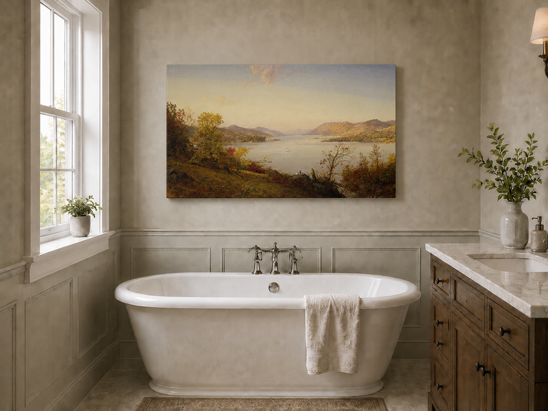 Landscape Oil Painting - Autumn River Valley Boats & Figures