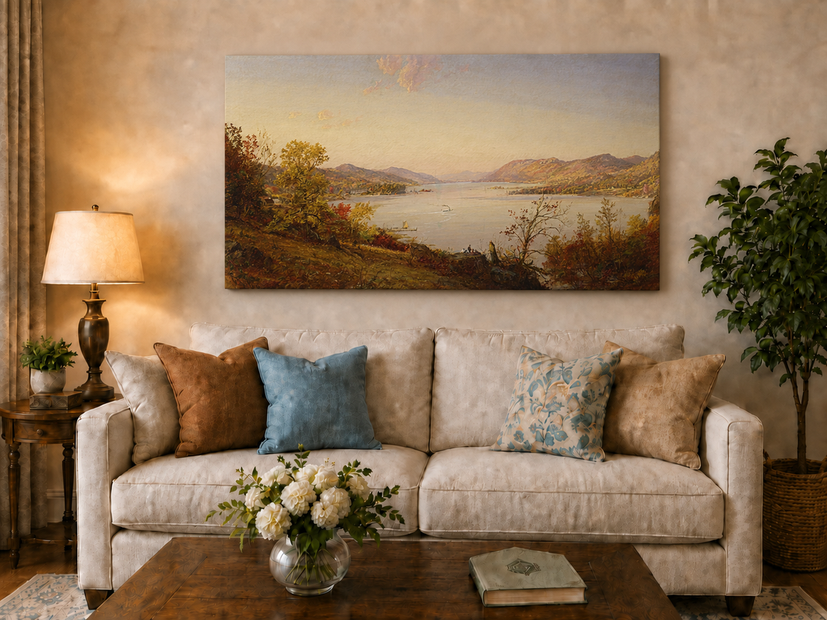 Landscape Oil Painting - Autumn River Valley Boats & Figures