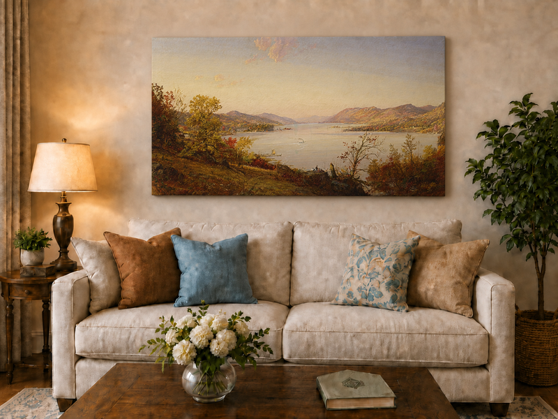 Landscape Oil Painting - Autumn River Valley Boats & Figures