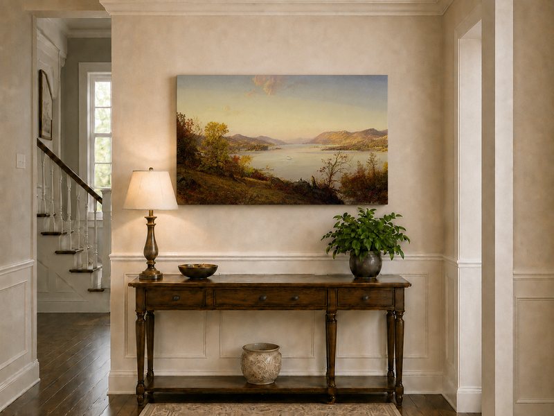 Landscape Oil Painting - Autumn River Valley Boats & Figures
