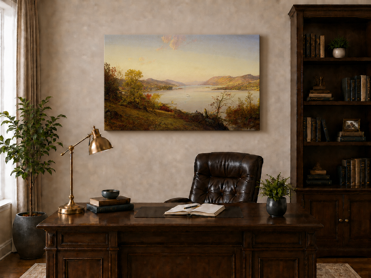 Landscape Oil Painting - Autumn River Valley Boats & Figures