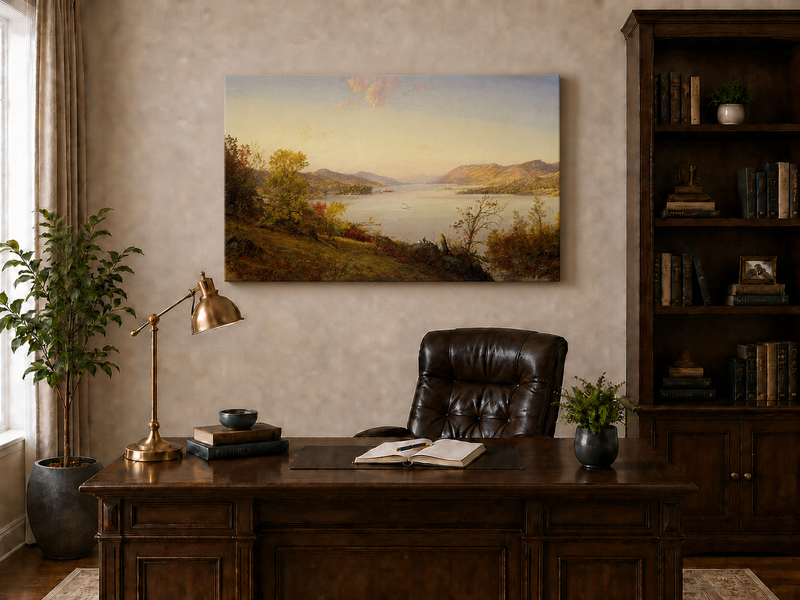 Landscape Oil Painting - Autumn River Valley Boats & Figures