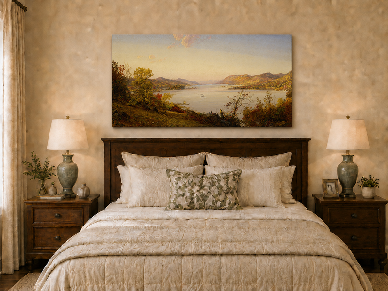 Landscape Oil Painting - Autumn River Valley Boats & Figures