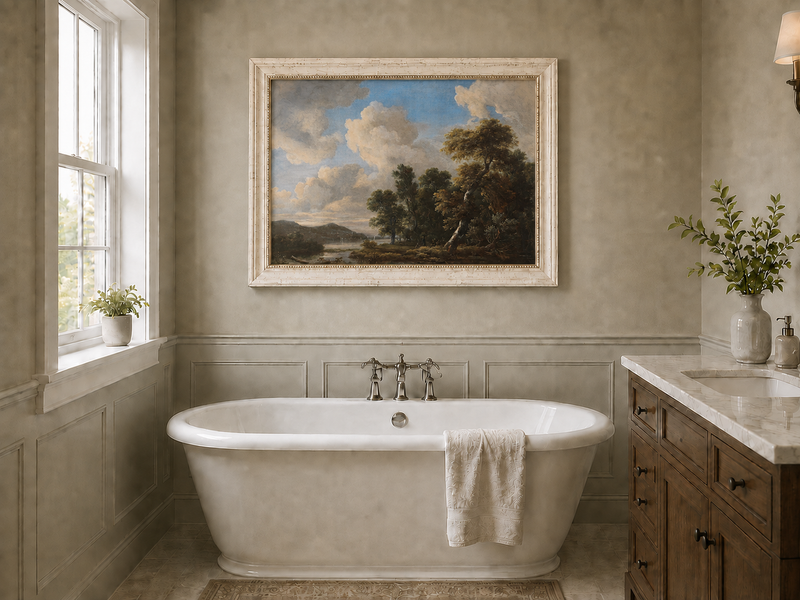 Landscape Oil Painting - River Landscape with Dramatic Clouds
