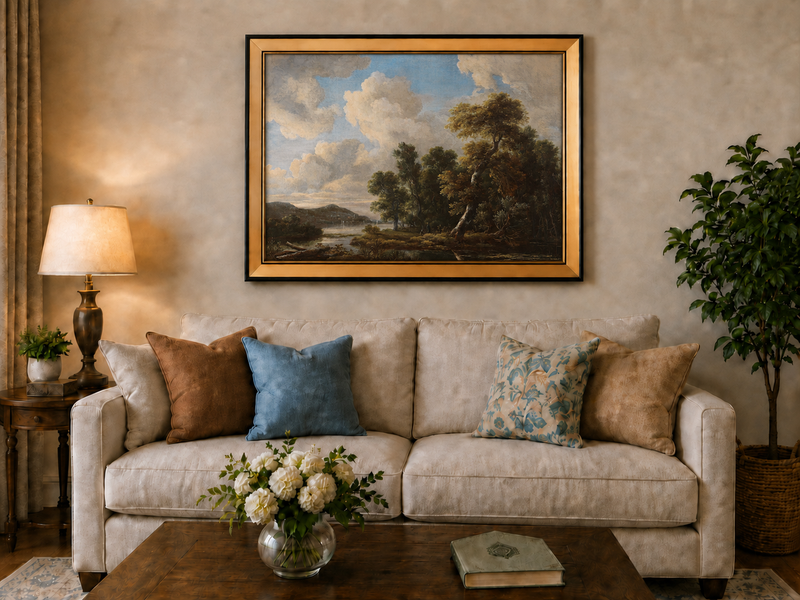 Landscape Oil Painting - River Landscape with Dramatic Clouds