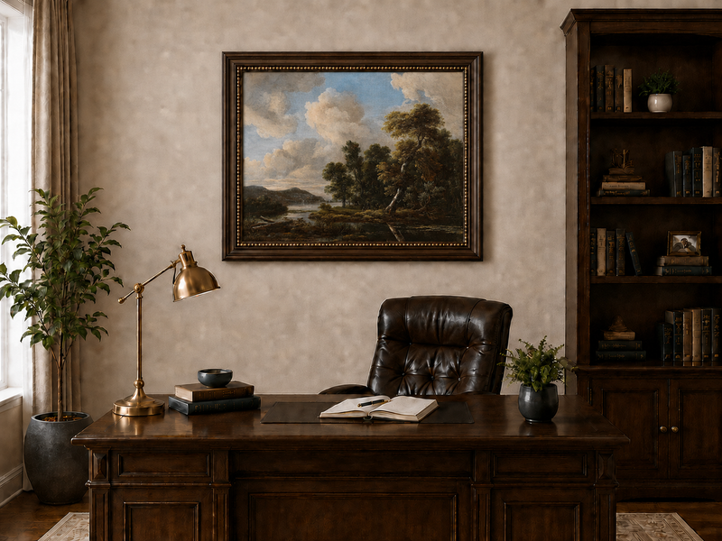 Landscape Oil Painting - River Landscape with Dramatic Clouds
