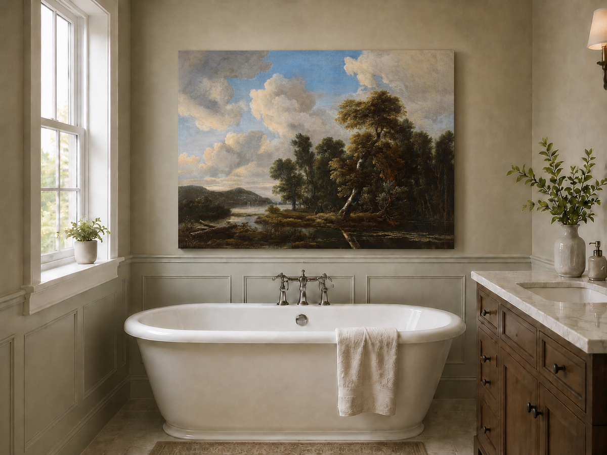 Landscape Oil Painting - River Landscape with Dramatic Clouds