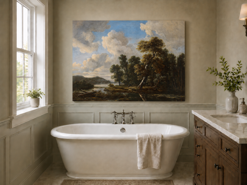 Landscape Oil Painting - River Landscape with Dramatic Clouds