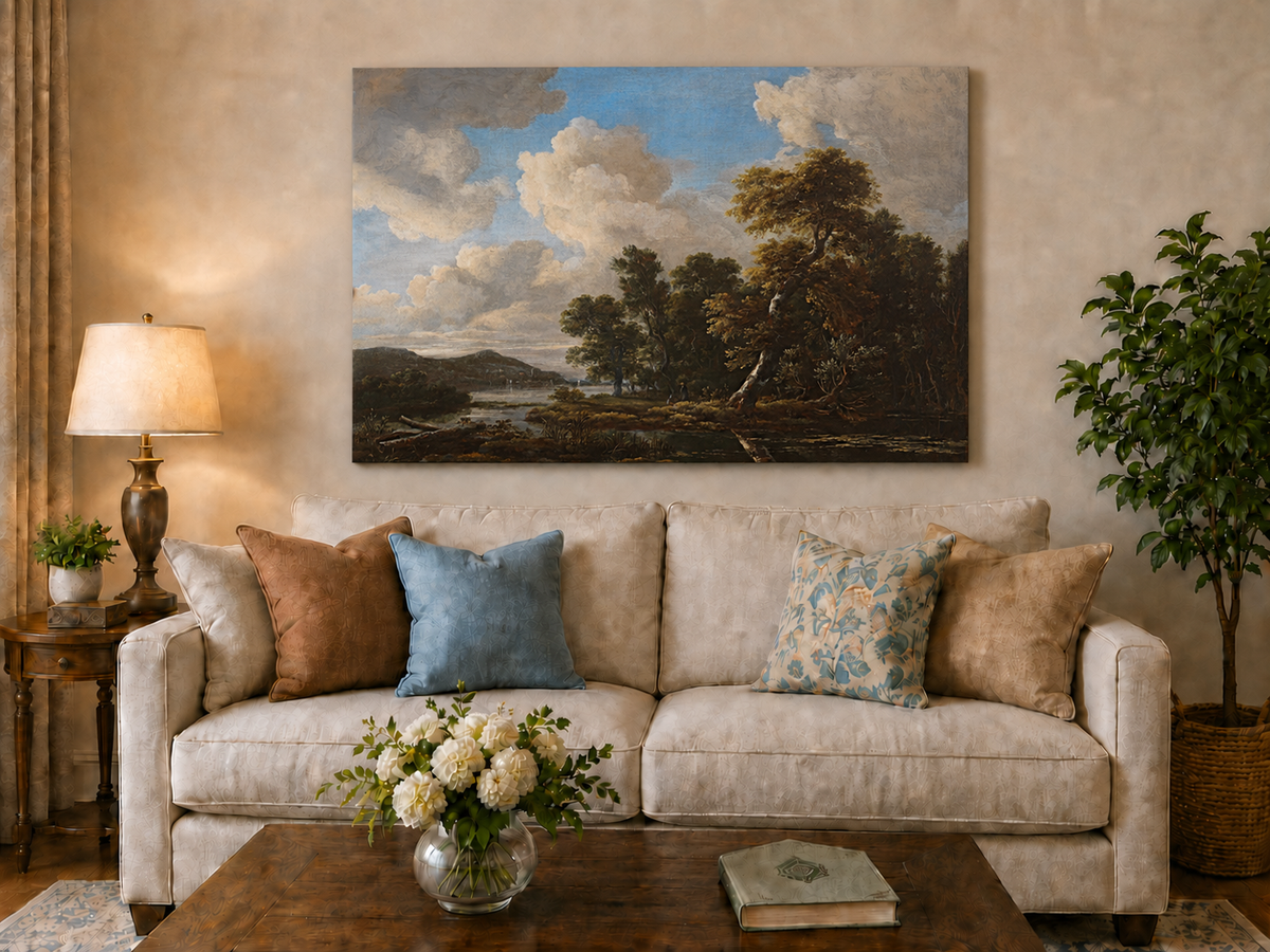 Landscape Oil Painting - River Landscape with Dramatic Clouds