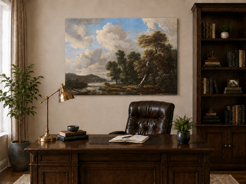 Landscape Oil Painting - River Landscape with Dramatic Clouds