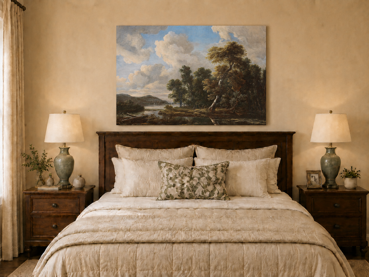 Landscape Oil Painting - River Landscape with Dramatic Clouds