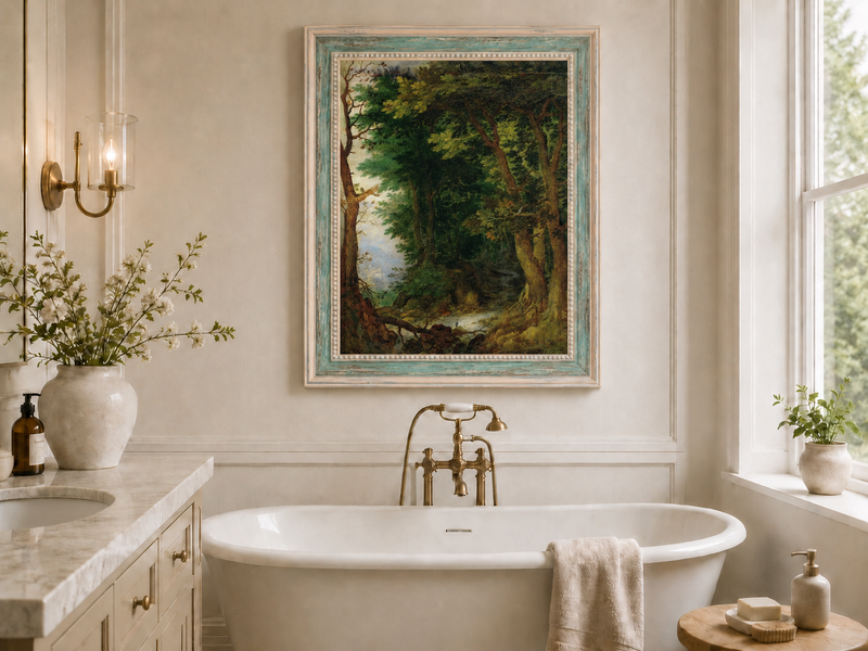 Peinture à l'huile de paysage - Chemin forestier avec ruisseau et château