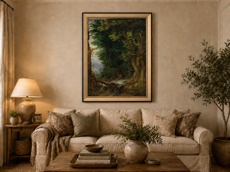 Peinture à l'huile de paysage - Chemin forestier avec ruisseau et château