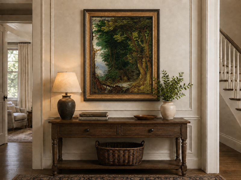 Peinture à l'huile de paysage - Chemin forestier avec ruisseau et château
