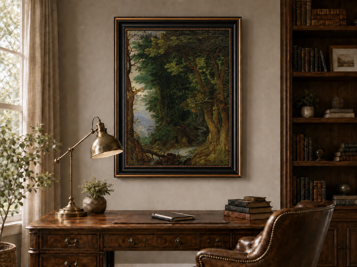 Peinture à l'huile de paysage - Chemin forestier avec ruisseau et château