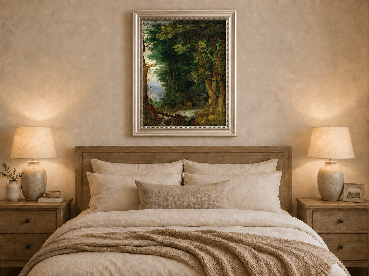 Peinture à l'huile de paysage - Chemin forestier avec ruisseau et château
