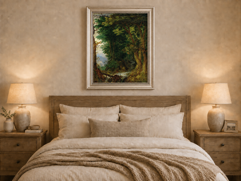 Peinture à l'huile de paysage - Chemin forestier avec ruisseau et château