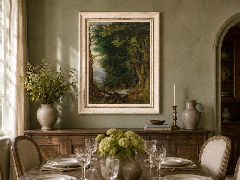 Peinture à l'huile de paysage - Chemin forestier avec ruisseau et château