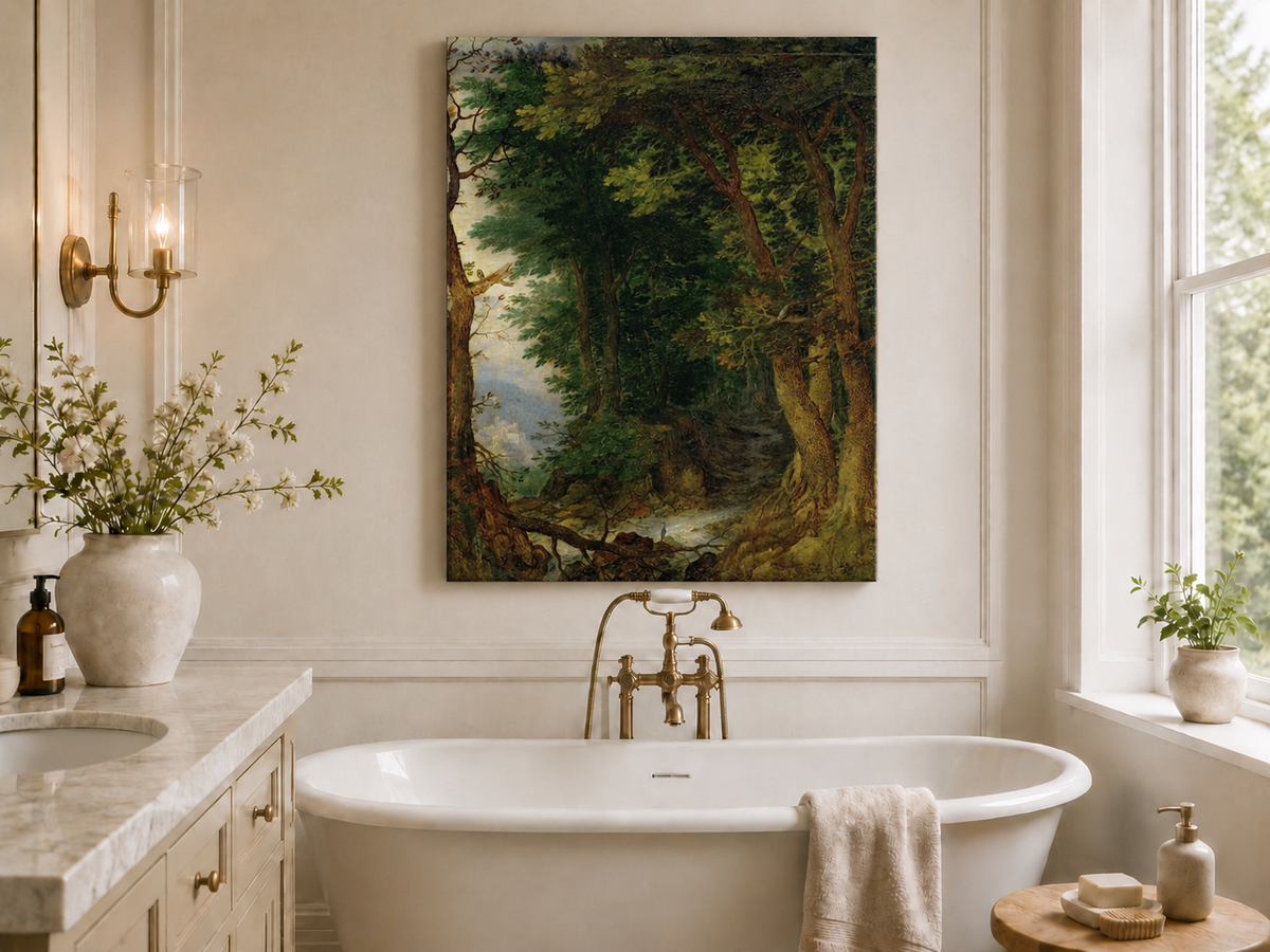 Peinture à l'huile de paysage - Chemin forestier avec ruisseau et château