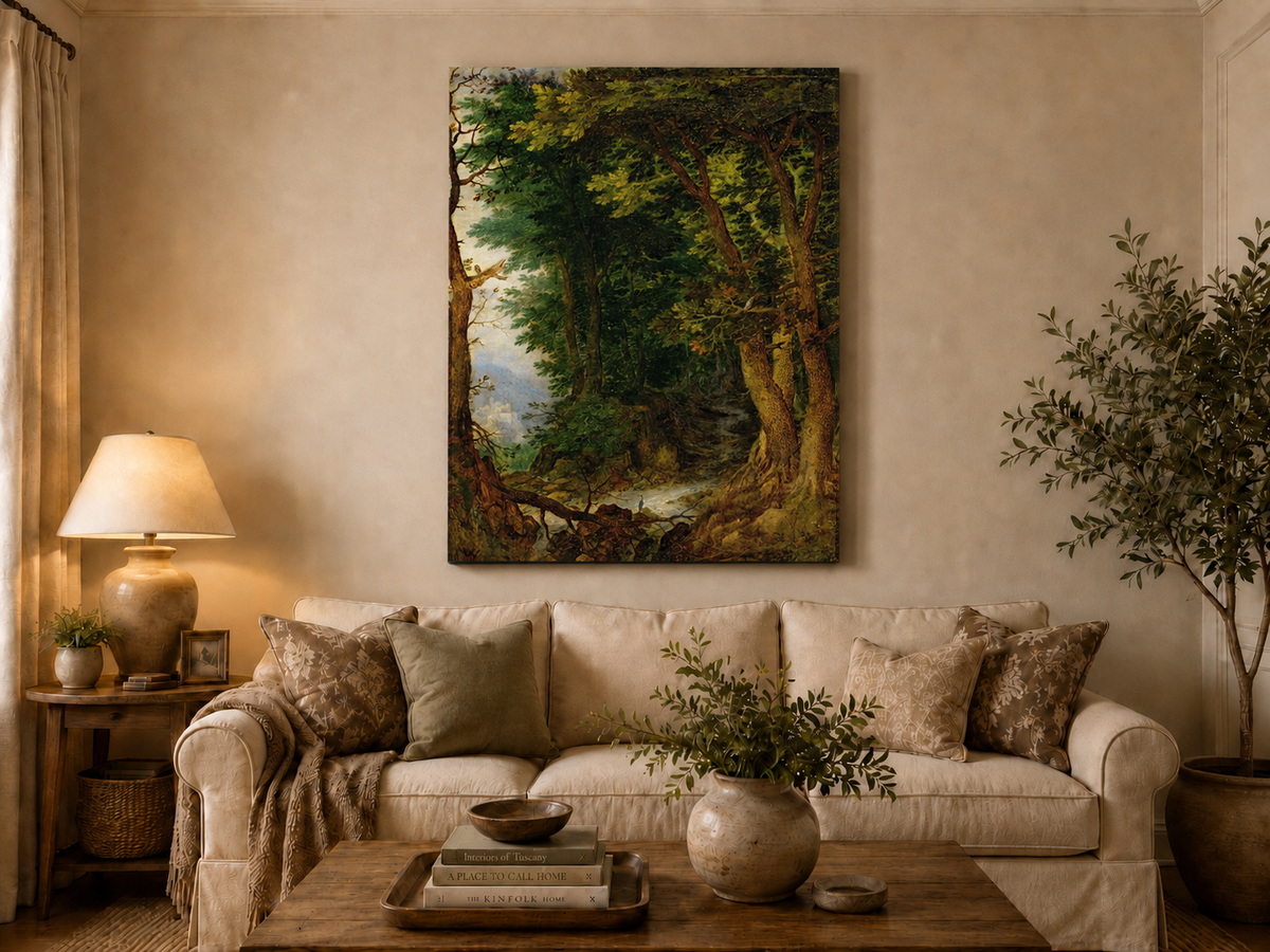 Peinture à l'huile de paysage - Chemin forestier avec ruisseau et château