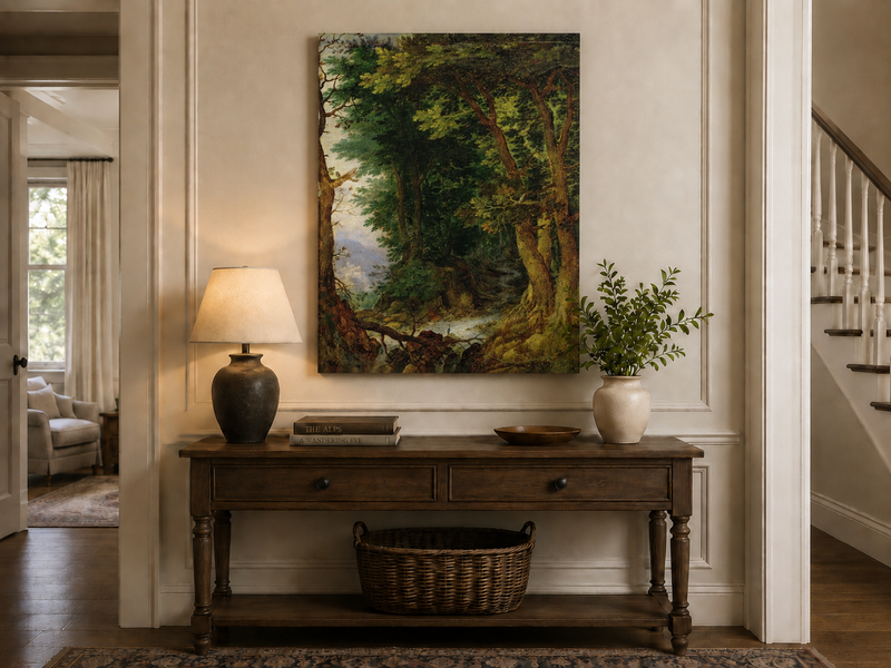 Peinture à l'huile de paysage - Chemin forestier avec ruisseau et château