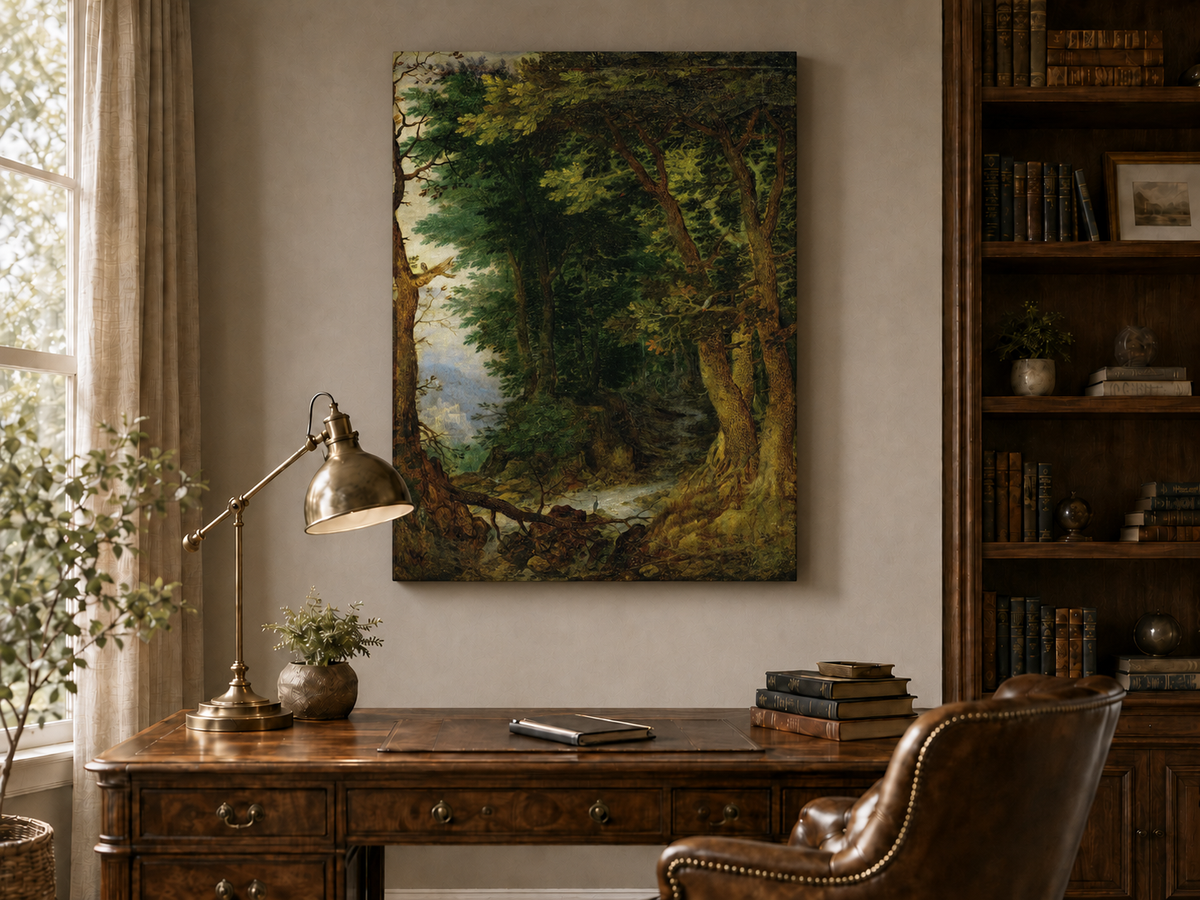 Peinture à l'huile de paysage - Chemin forestier avec ruisseau et château