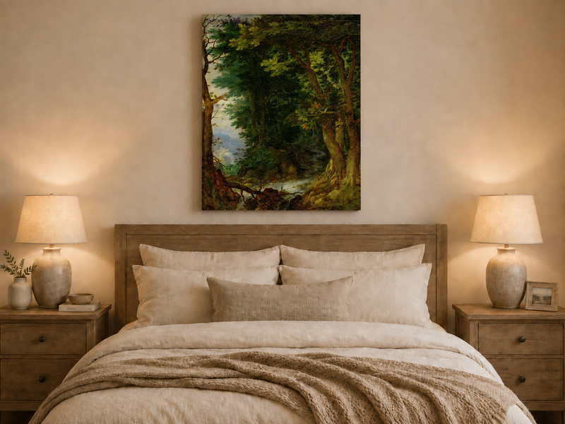 Peinture à l'huile de paysage - Chemin forestier avec ruisseau et château