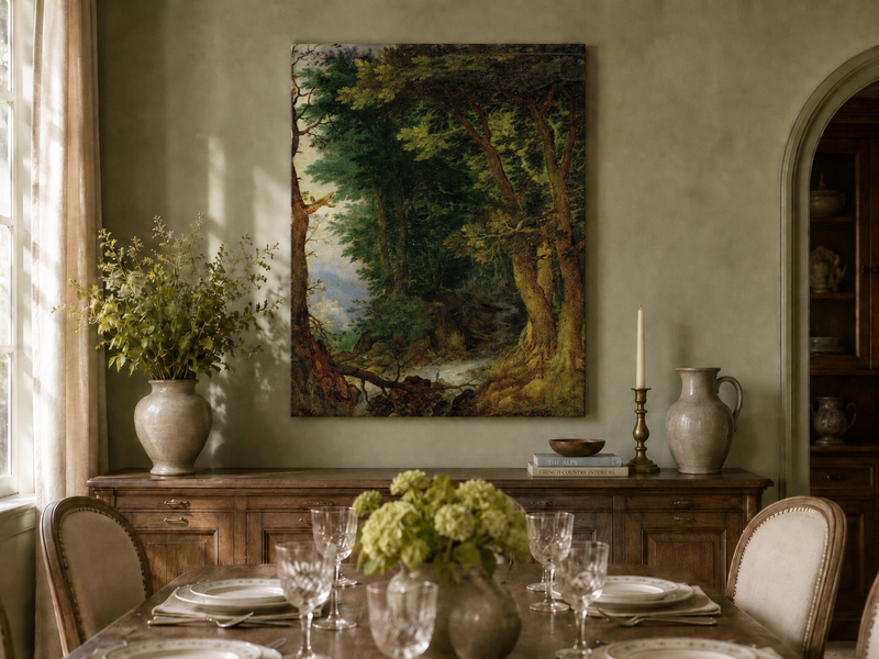 Peinture à l'huile de paysage - Chemin forestier avec ruisseau et château