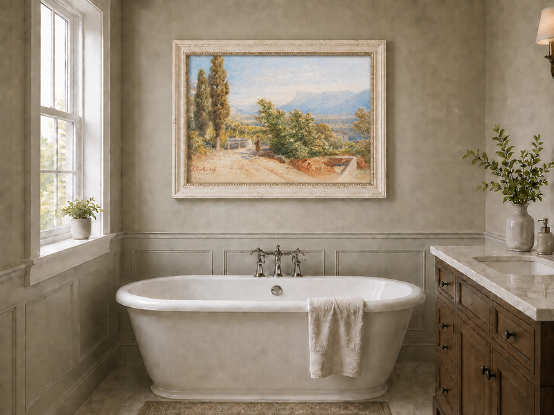 Landscape Oil Painting - Sunlit Garden Path and Distant Mountains