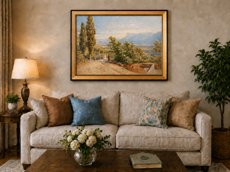 Landscape Oil Painting - Sunlit Garden Path and Distant Mountains
