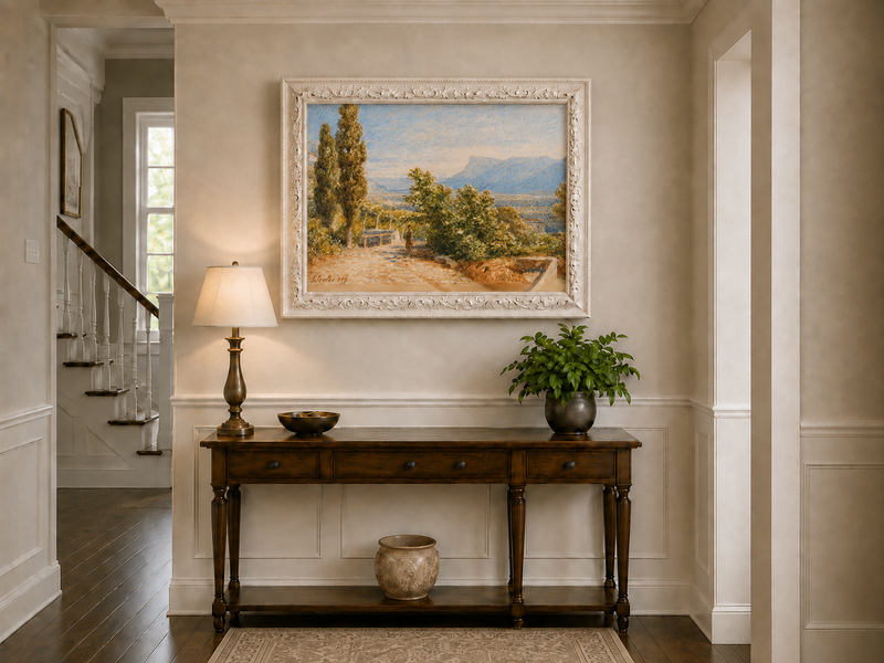 Landscape Oil Painting - Sunlit Garden Path and Distant Mountains