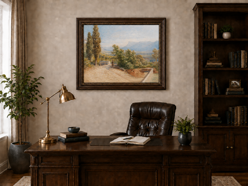 Landscape Oil Painting - Sunlit Garden Path and Distant Mountains
