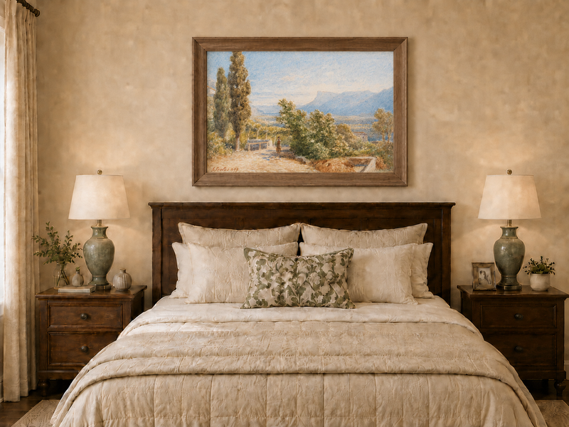 Landscape Oil Painting - Sunlit Garden Path and Distant Mountains
