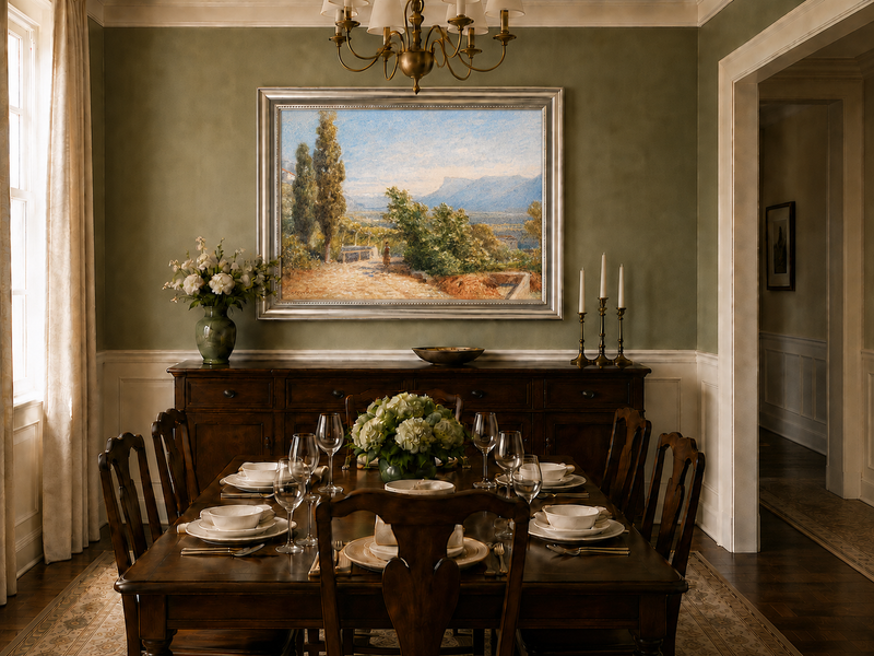 Landscape Oil Painting - Sunlit Garden Path and Distant Mountains