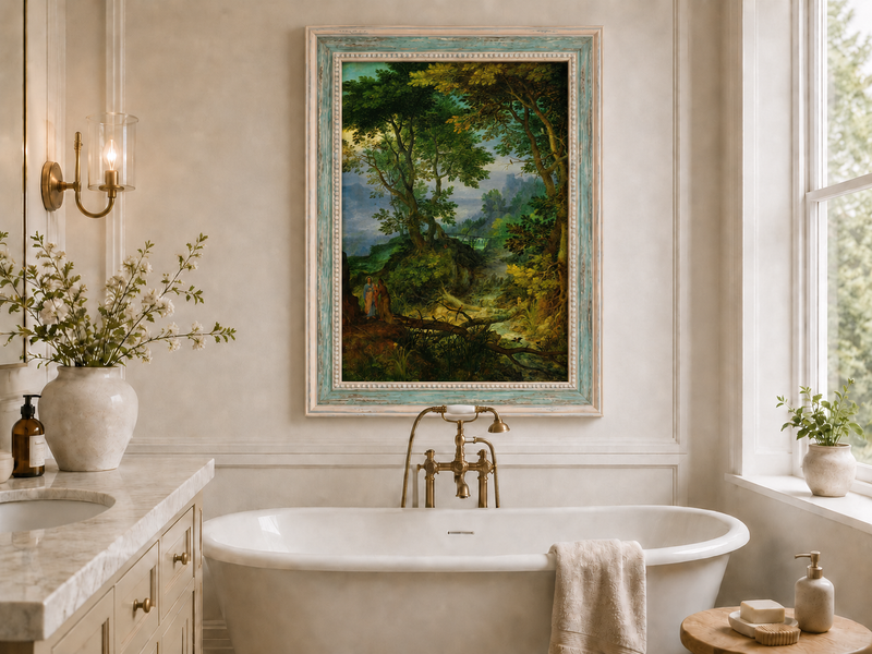Peinture à l'huile de paysage - Ruisseau forestier avec personnages et château