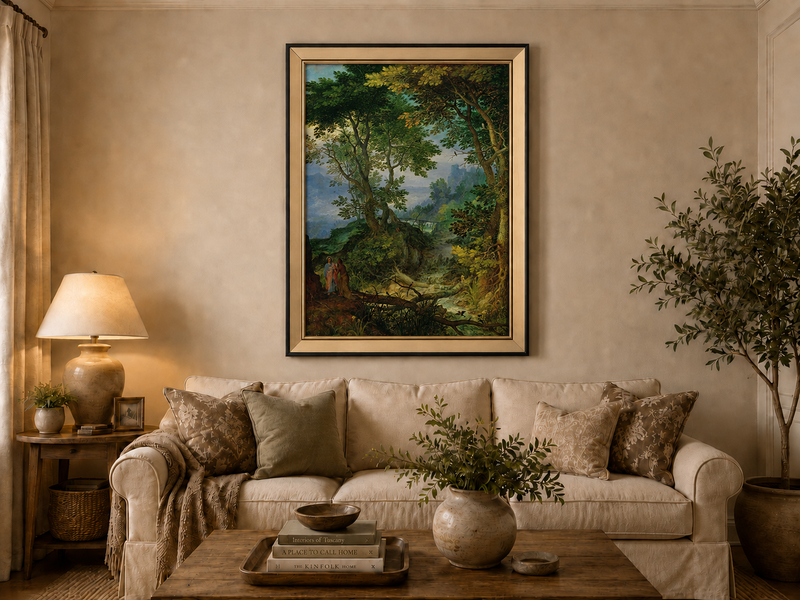 Peinture à l'huile de paysage - Ruisseau forestier avec personnages et château