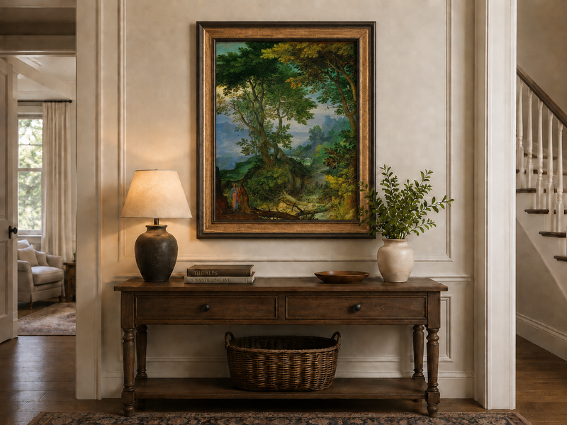 Peinture à l'huile de paysage - Ruisseau forestier avec personnages et château