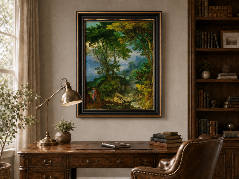 Peinture à l'huile de paysage - Ruisseau forestier avec personnages et château