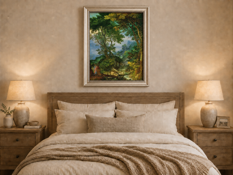 Peinture à l'huile de paysage - Ruisseau forestier avec personnages et château