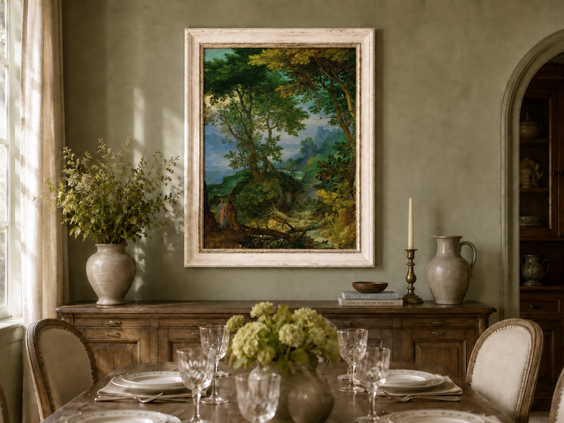 Peinture à l'huile de paysage - Ruisseau forestier avec personnages et château