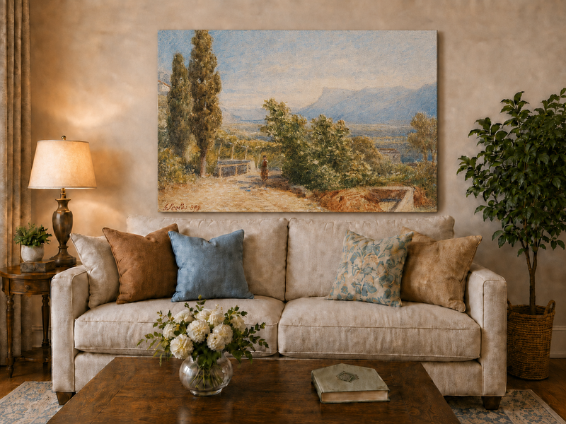 Landscape Oil Painting - Sunlit Garden Path and Distant Mountains